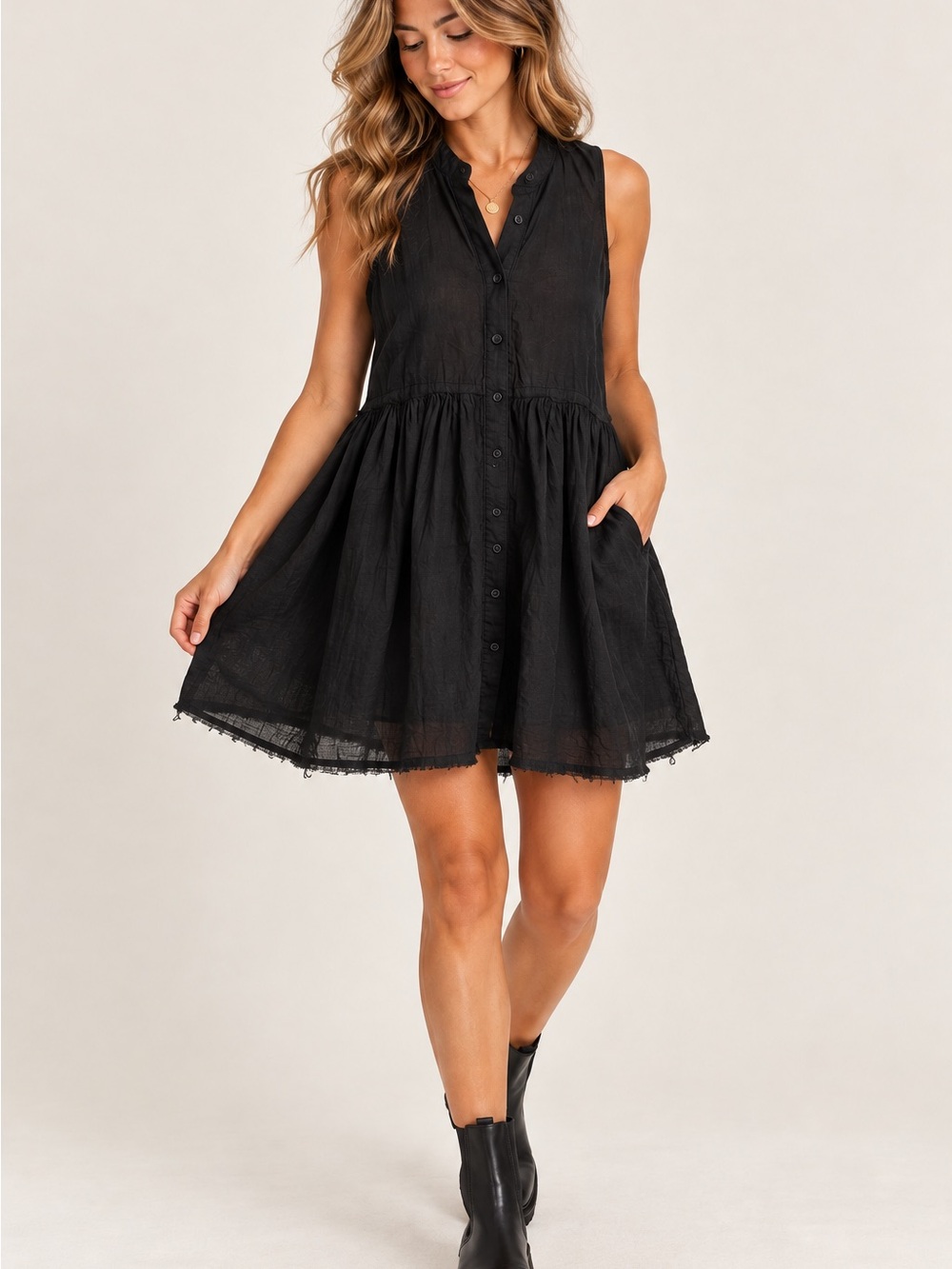 Urban Outfitters Suki Black Button Front Mini Dress XS Raw Hem Boho Grunge